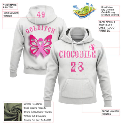 Custom White Pink 3D Pink Ribbon Breast Cancer Awareness Women Health Care Support Sports Pullover Sweatshirt Hoodie