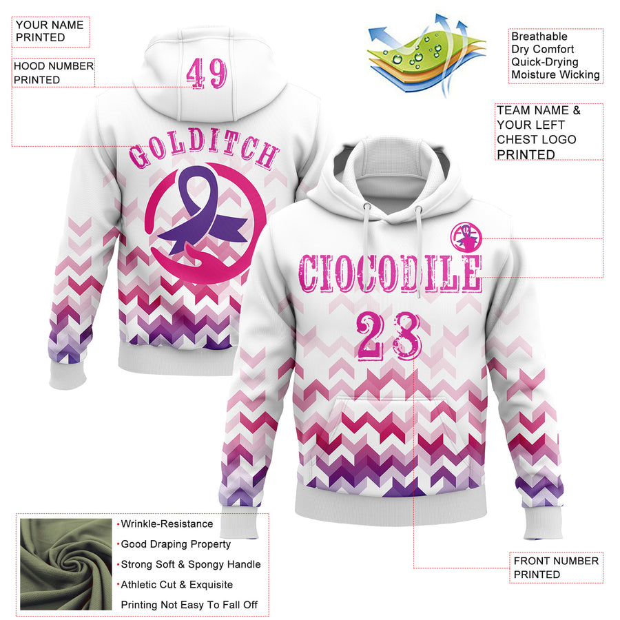 Custom White Deep Pink-Purple 3D Pink Ribbon Breast Cancer Awareness Women Health Care Support Sports Pullover Sweatshirt Hoodie