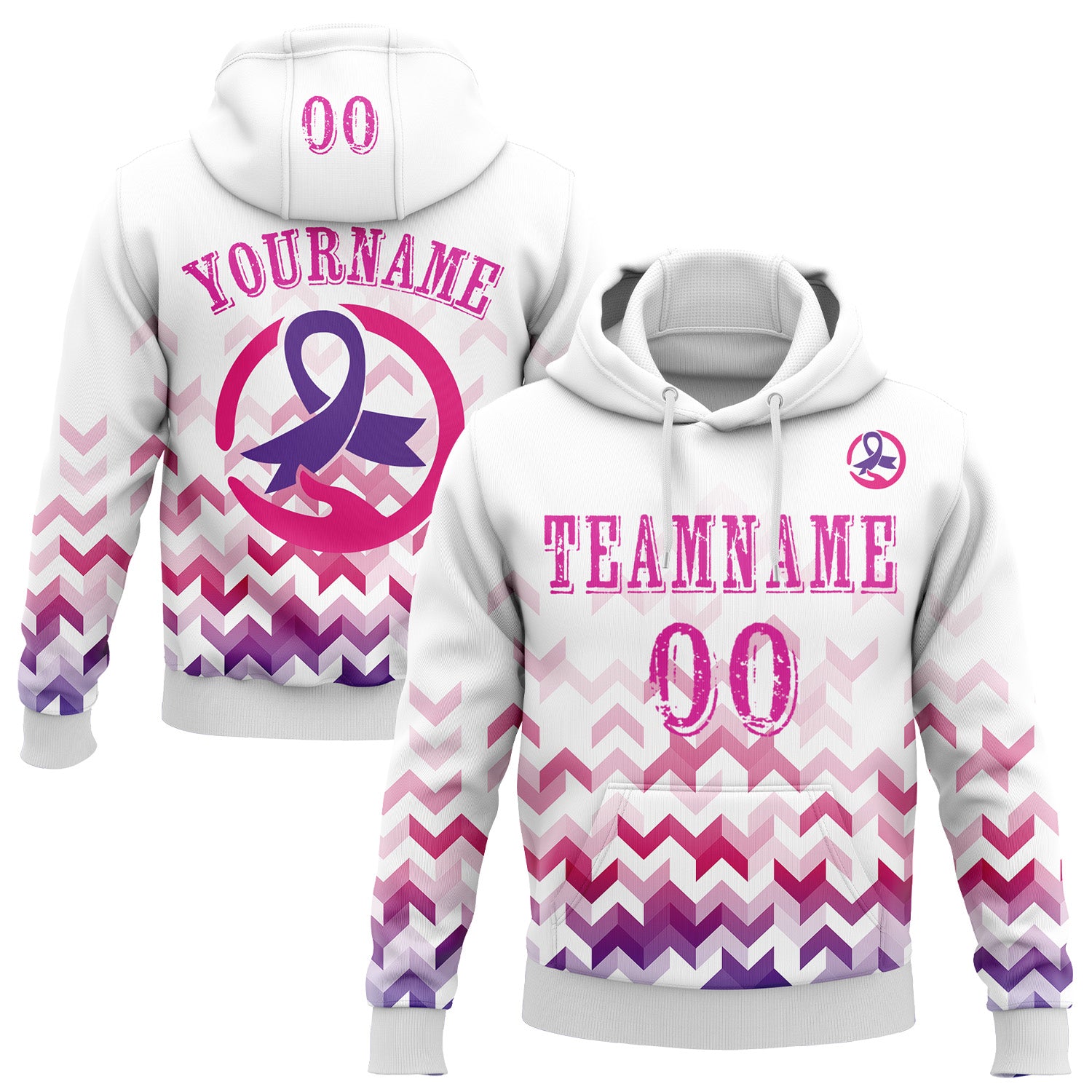 Custom White Deep Pink-Purple 3D Pink Ribbon Breast Cancer Awareness Women Health Care Support Sports Pullover Sweatshirt Hoodie