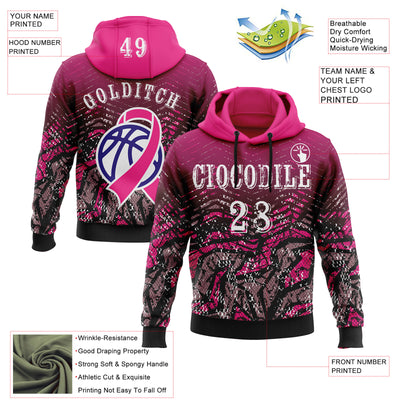 Custom Hot Pink White-Black 3D Pink Ribbon Breast Cancer Awareness Women Health Care Support Sports Pullover Sweatshirt Hoodie