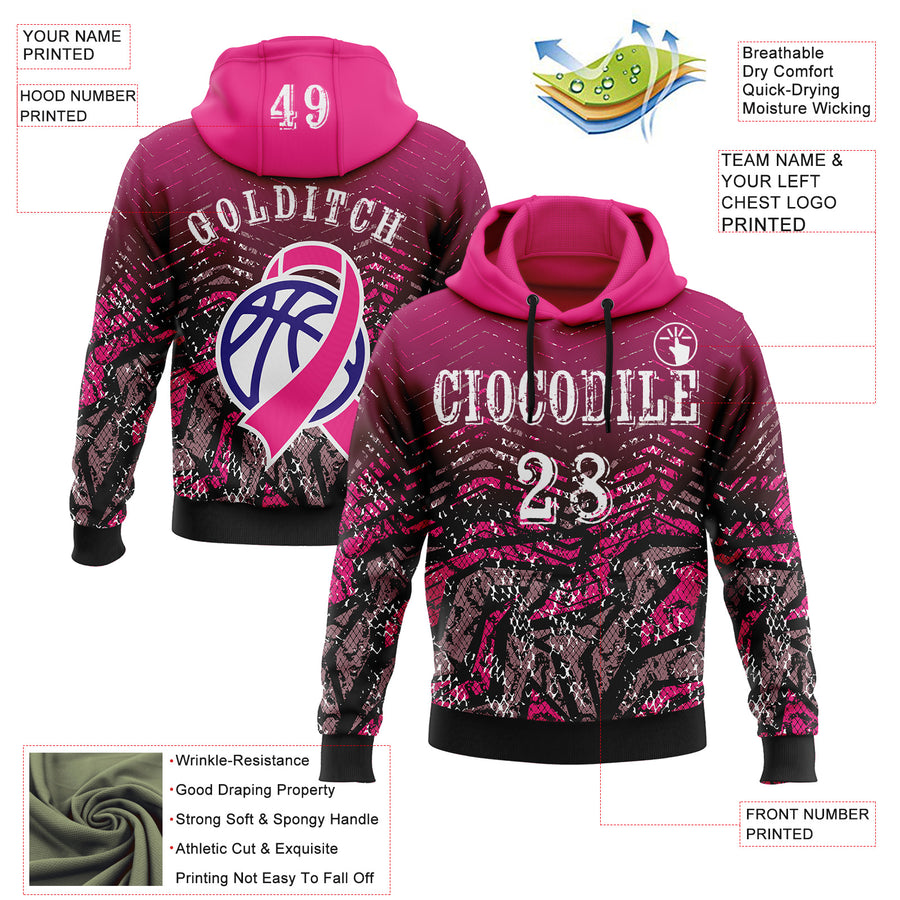 Custom Hot Pink White-Black 3D Pink Ribbon Breast Cancer Awareness Women Health Care Support Sports Pullover Sweatshirt Hoodie