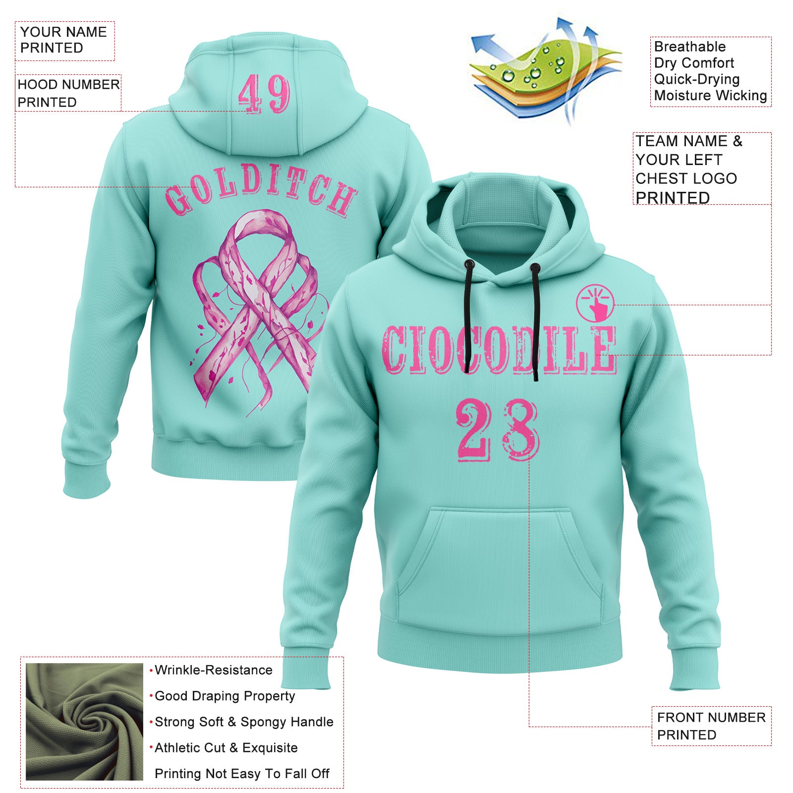 Custom Ice Blue Pink 3D Pink Ribbon Breast Cancer Awareness Women Health Care Support Sports Pullover Sweatshirt Hoodie