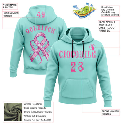 Custom Ice Blue Pink 3D Pink Ribbon Breast Cancer Awareness Women Health Care Support Sports Pullover Sweatshirt Hoodie