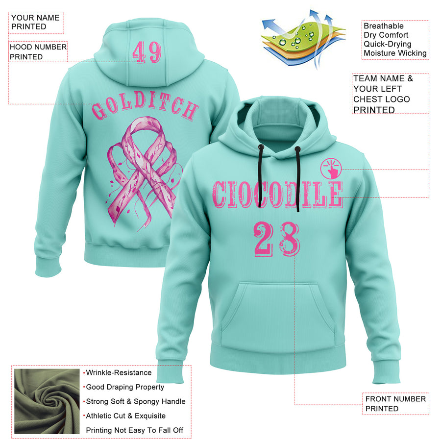 Custom Ice Blue Pink 3D Pink Ribbon Breast Cancer Awareness Women Health Care Support Sports Pullover Sweatshirt Hoodie
