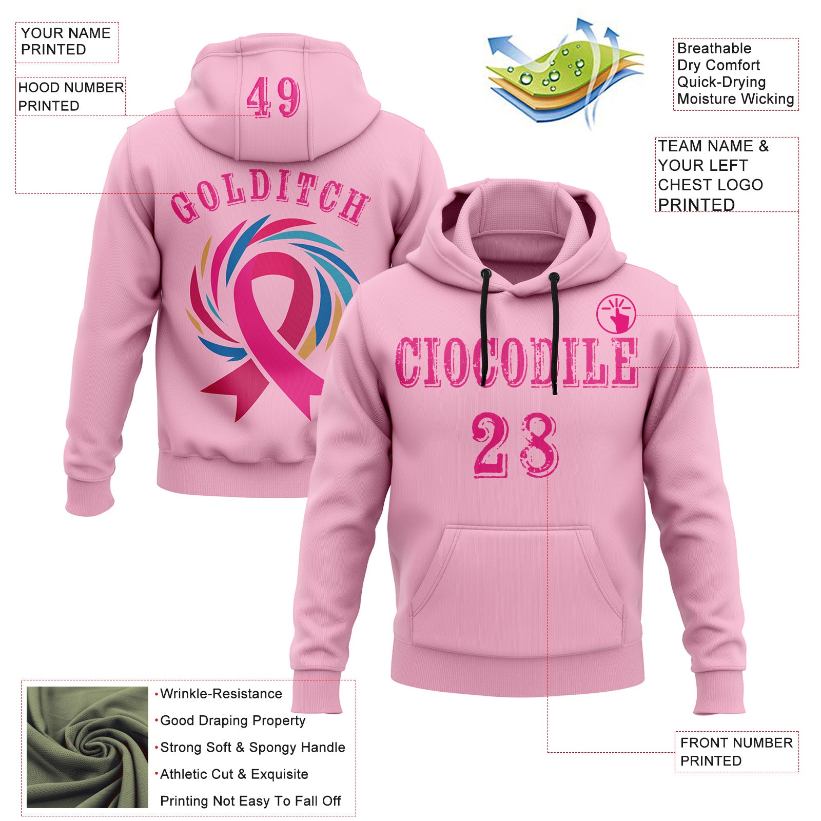 Custom Light Pink Hot Pink 3D Pink Ribbon Breast Cancer Awareness Women Health Care Support Sports Pullover Sweatshirt Hoodie