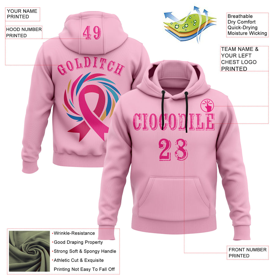 Custom Light Pink Hot Pink 3D Pink Ribbon Breast Cancer Awareness Women Health Care Support Sports Pullover Sweatshirt Hoodie
