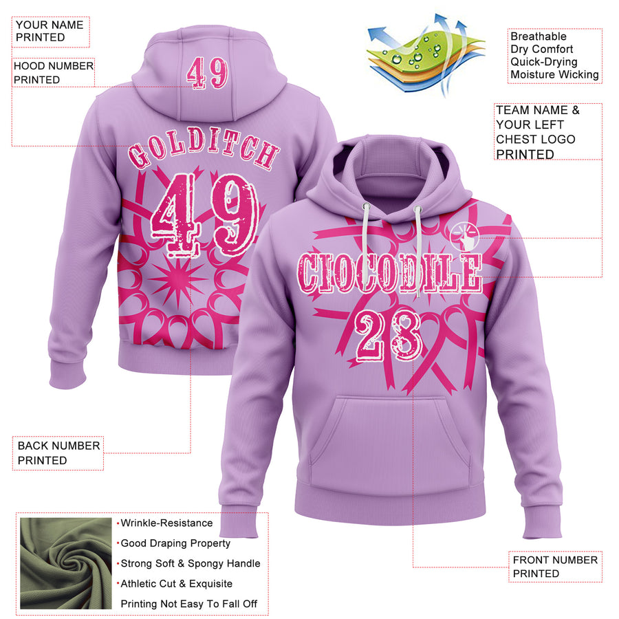 Custom Light Purple Hot Pink-White 3D Pink Ribbon Breast Cancer Awareness Women Health Care Support Sports Pullover Sweatshirt Hoodie