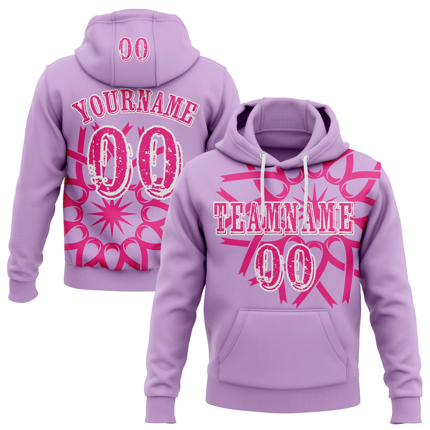 Custom Light Purple Hot Pink-White 3D Pink Ribbon Breast Cancer Awareness Women Health Care Support Sports Pullover Sweatshirt Hoodie