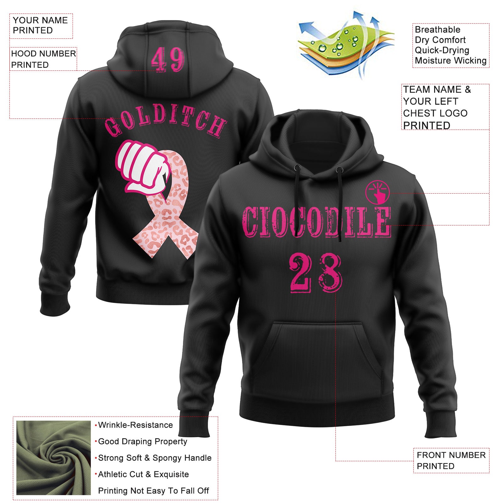 Custom Black Hot Pink-White 3D Pink Ribbon Breast Cancer Awareness Women Health Care Support Sports Pullover Sweatshirt Hoodie