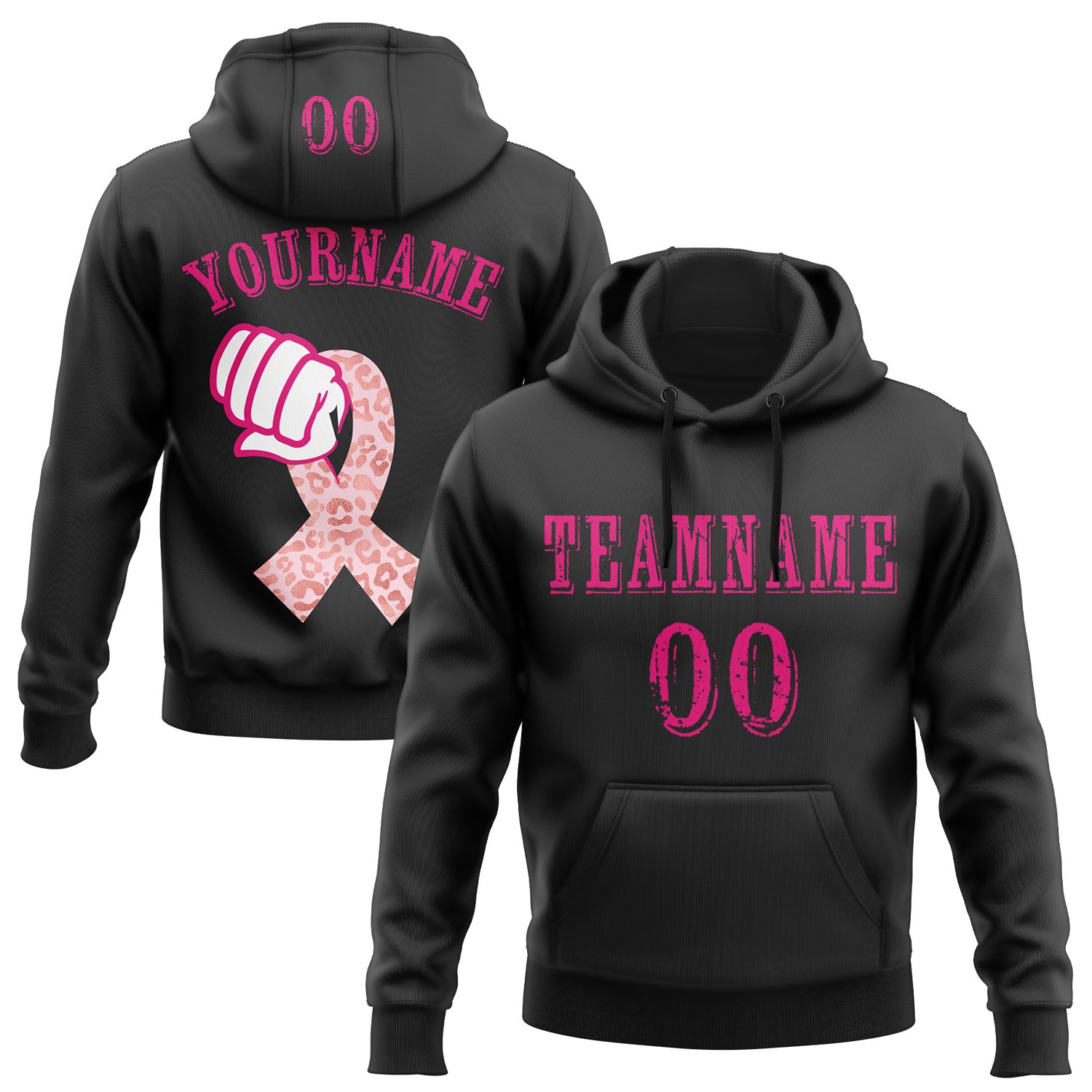 Custom Black Hot Pink-White 3D Pink Ribbon Breast Cancer Awareness Women Health Care Support Sports Pullover Sweatshirt Hoodie