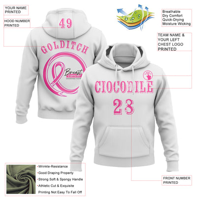 Custom White Pink 3D Pink Ribbon Breast Cancer Awareness Women Health Care Support Sports Pullover Sweatshirt Hoodie