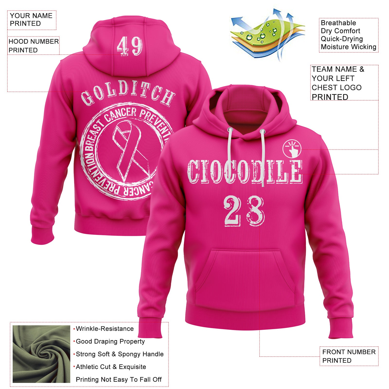 Custom Hot Pink White 3D Pink Ribbon Breast Cancer Awareness Women Health Care Support Sports Pullover Sweatshirt Hoodie