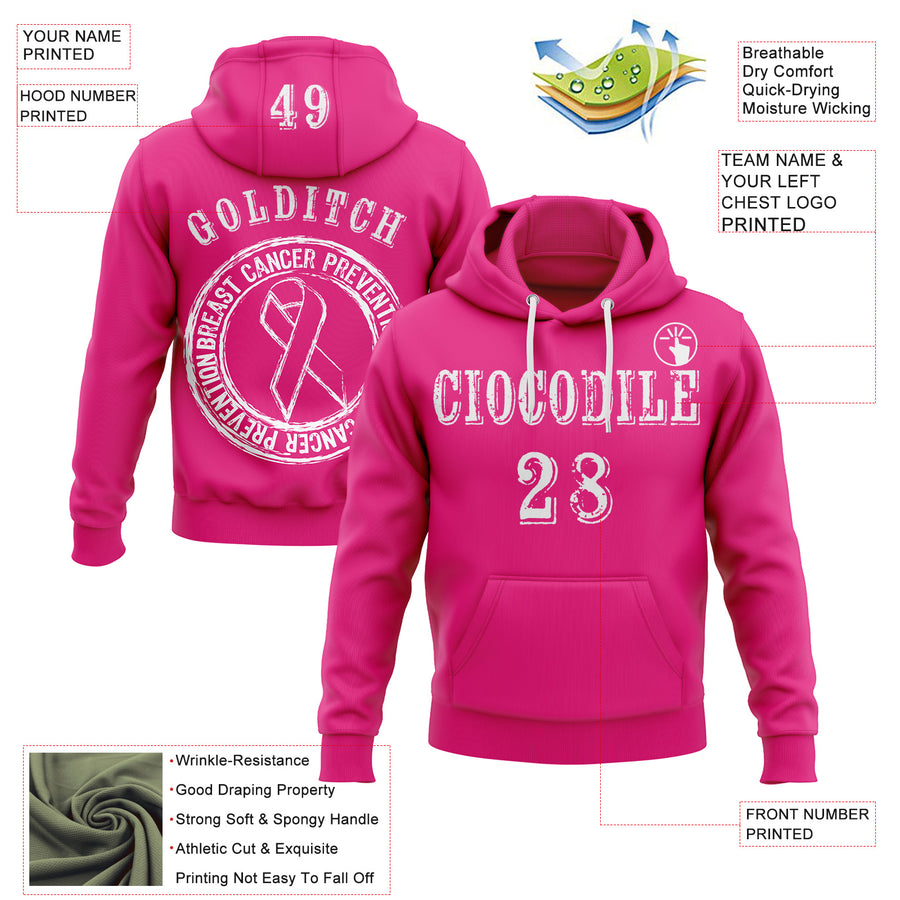 Custom Hot Pink White 3D Pink Ribbon Breast Cancer Awareness Women Health Care Support Sports Pullover Sweatshirt Hoodie