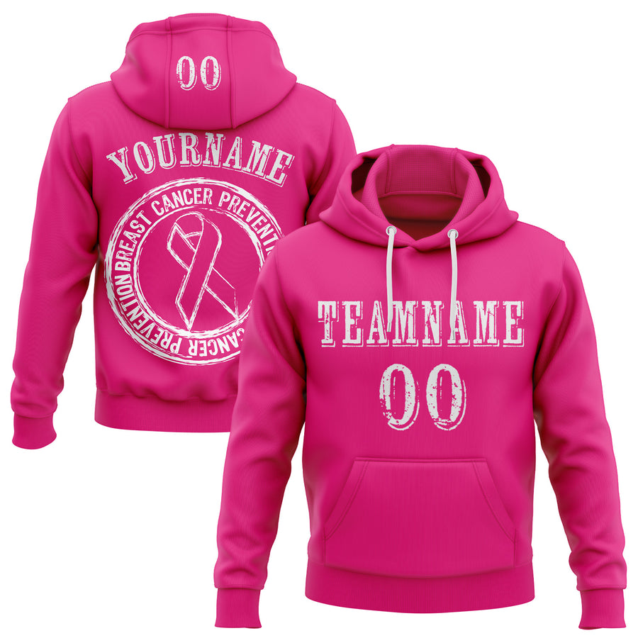 Custom Hot Pink White 3D Pink Ribbon Breast Cancer Awareness Women Health Care Support Sports Pullover Sweatshirt Hoodie