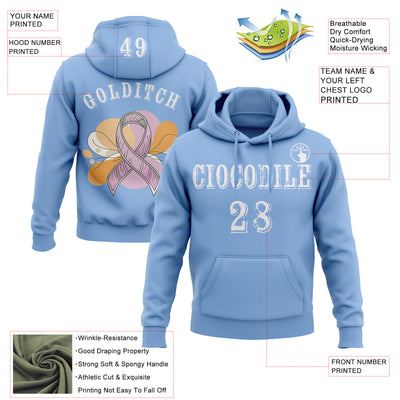 Custom Light Blue White 3D Pink Ribbon Breast Cancer Awareness Women Health Care Support Sports Pullover Sweatshirt Hoodie