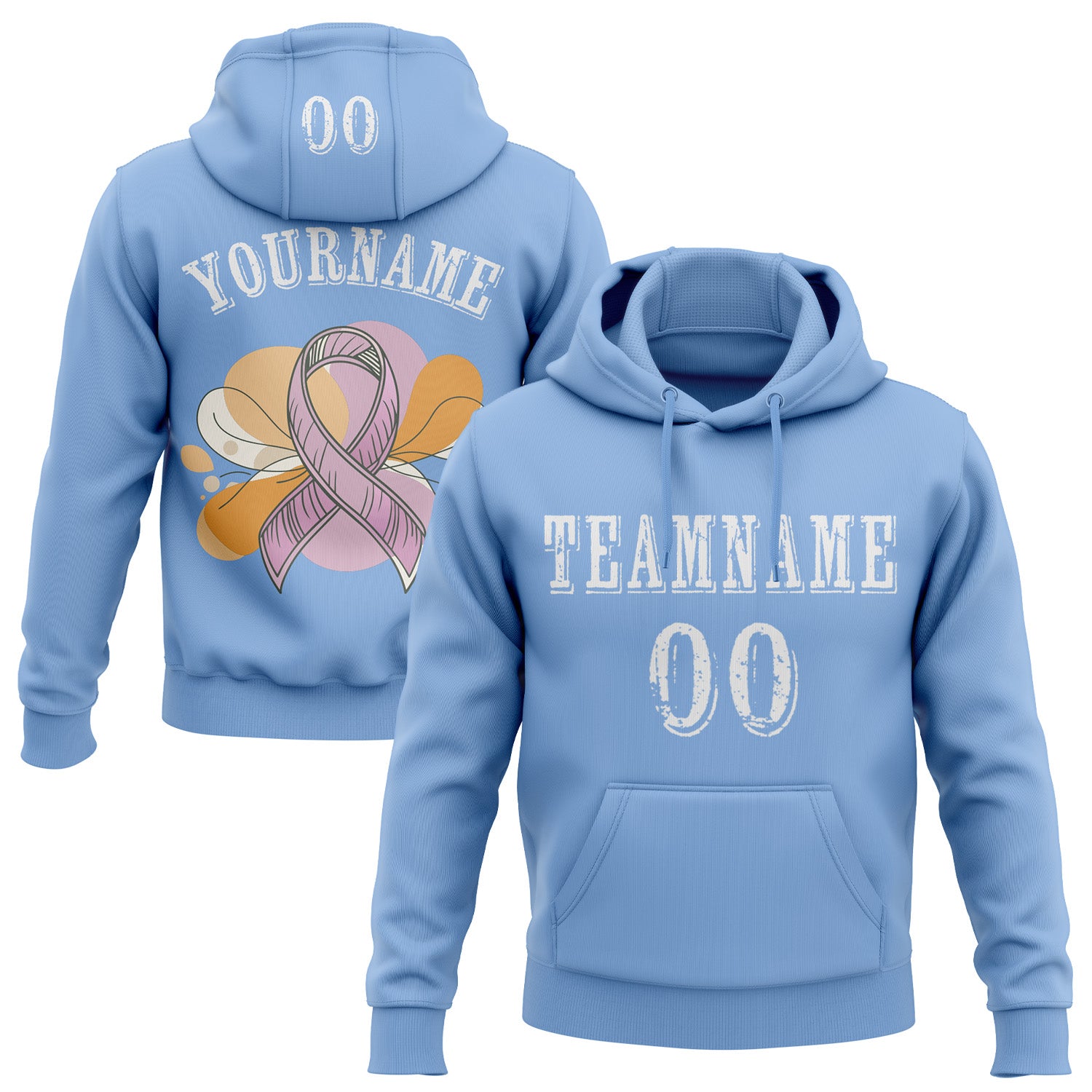 Custom Light Blue White 3D Pink Ribbon Breast Cancer Awareness Women Health Care Support Sports Pullover Sweatshirt Hoodie
