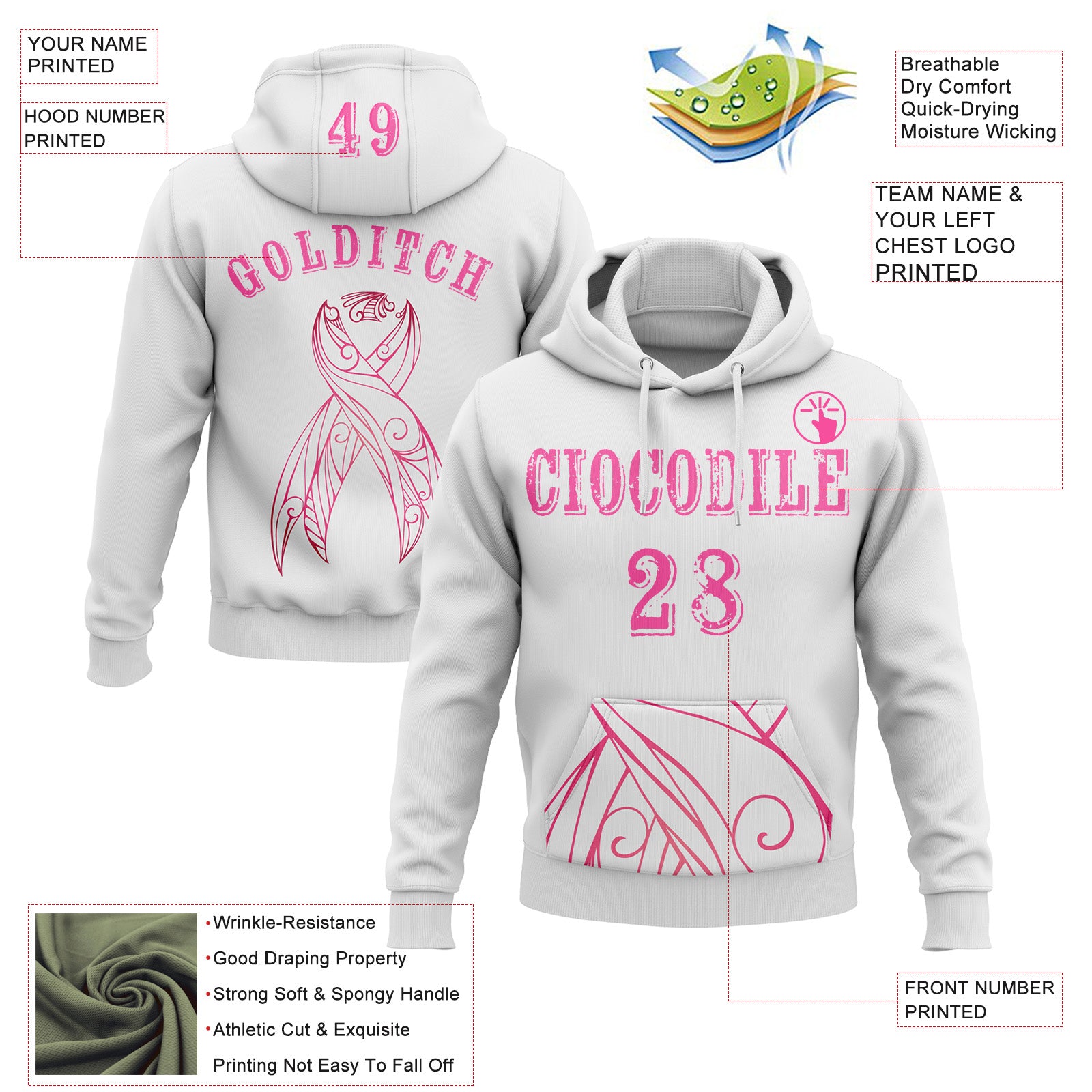 Custom White Pink 3D Pink Ribbon Breast Cancer Awareness Women Health Care Support Sports Pullover Sweatshirt Hoodie