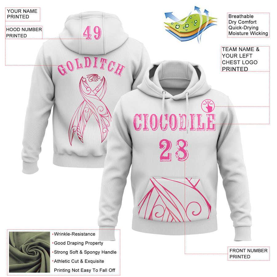 Custom White Pink 3D Pink Ribbon Breast Cancer Awareness Women Health Care Support Sports Pullover Sweatshirt Hoodie