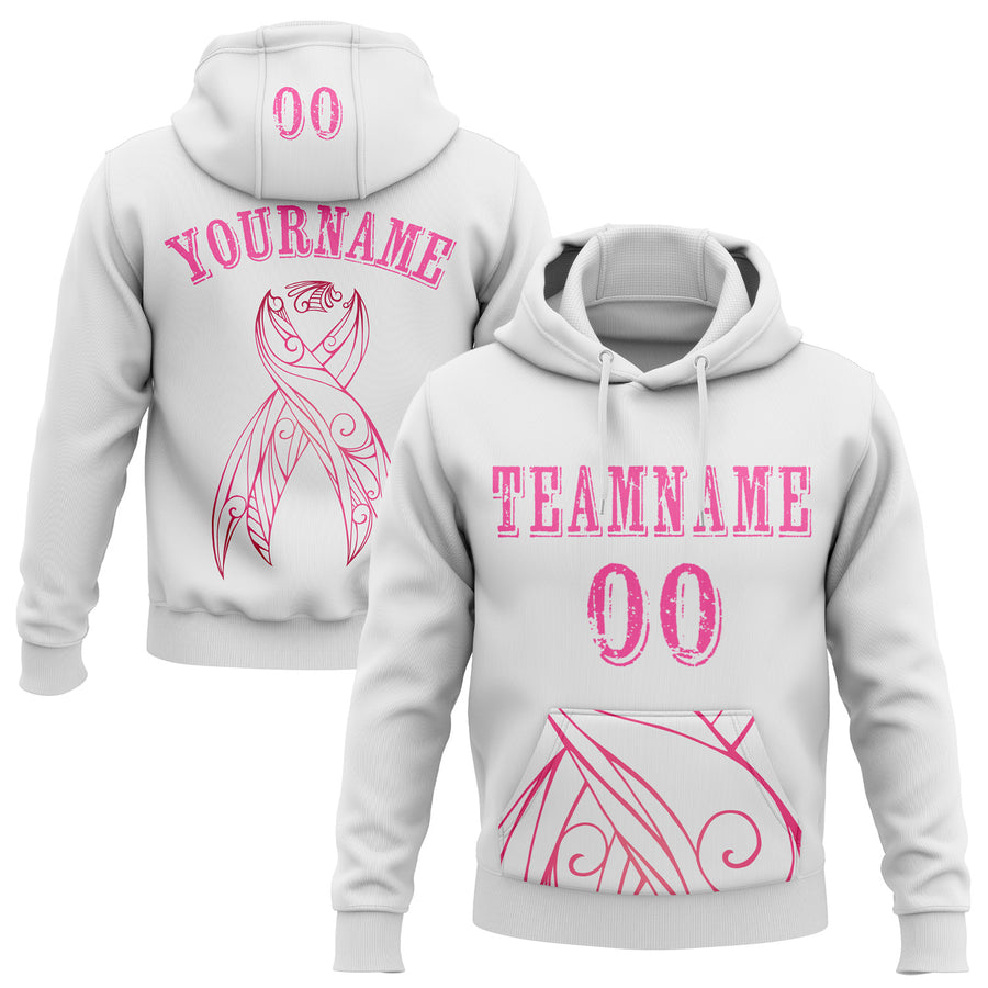 Custom White Pink 3D Pink Ribbon Breast Cancer Awareness Women Health Care Support Sports Pullover Sweatshirt Hoodie