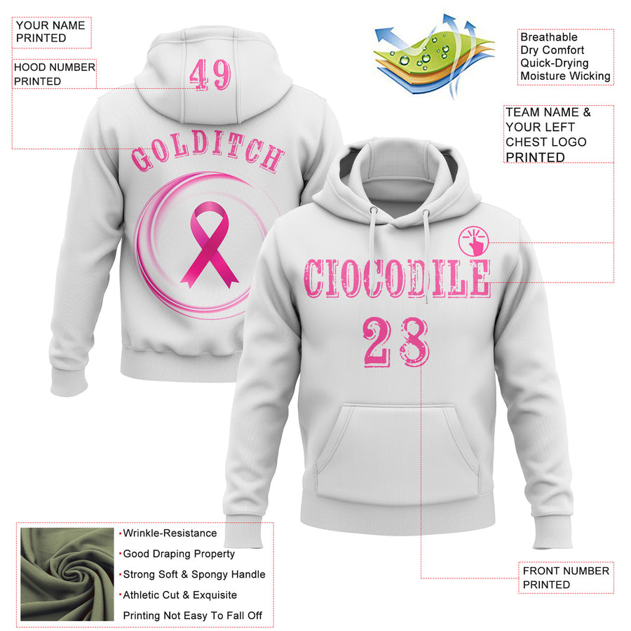 Custom White Pink 3D Pink Ribbon Breast Cancer Awareness Women Health Care Support Sports Pullover Sweatshirt Hoodie