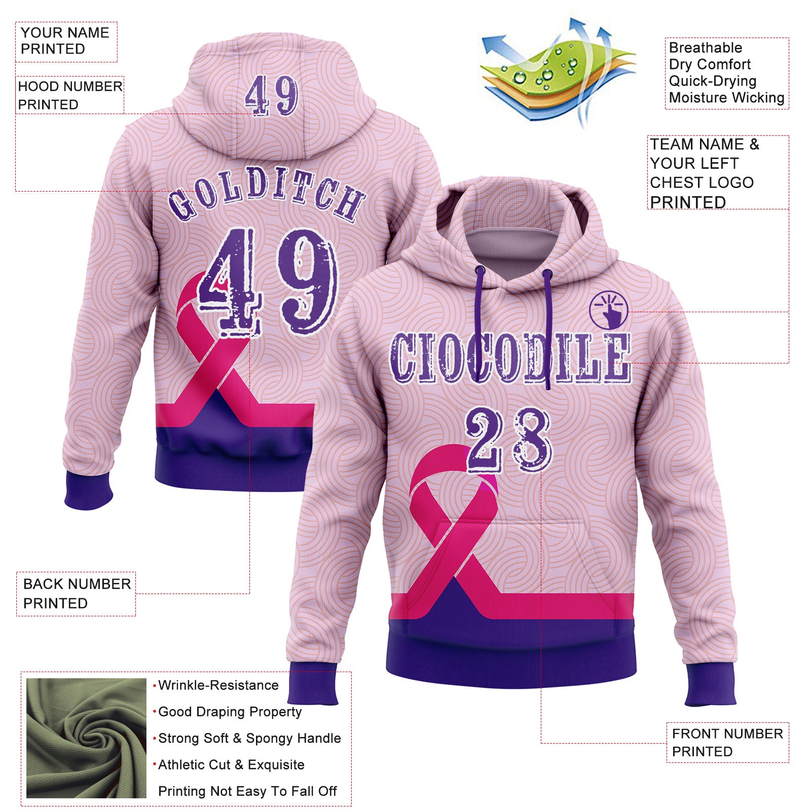 Custom Light Pink Purple Pink-White 3D Pink Ribbon Breast Cancer Awareness Women Health Care Support Sports Pullover Sweatshirt Hoodie