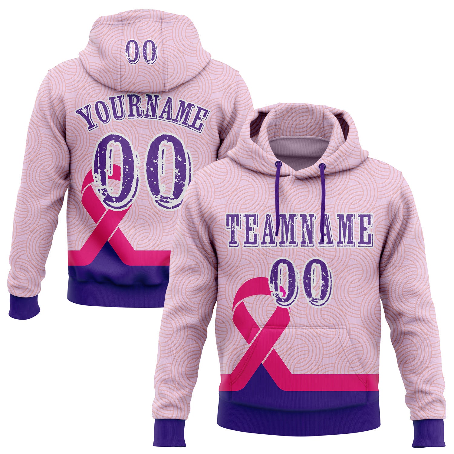 Custom Light Pink Purple Pink-White 3D Pink Ribbon Breast Cancer Awareness Women Health Care Support Sports Pullover Sweatshirt Hoodie