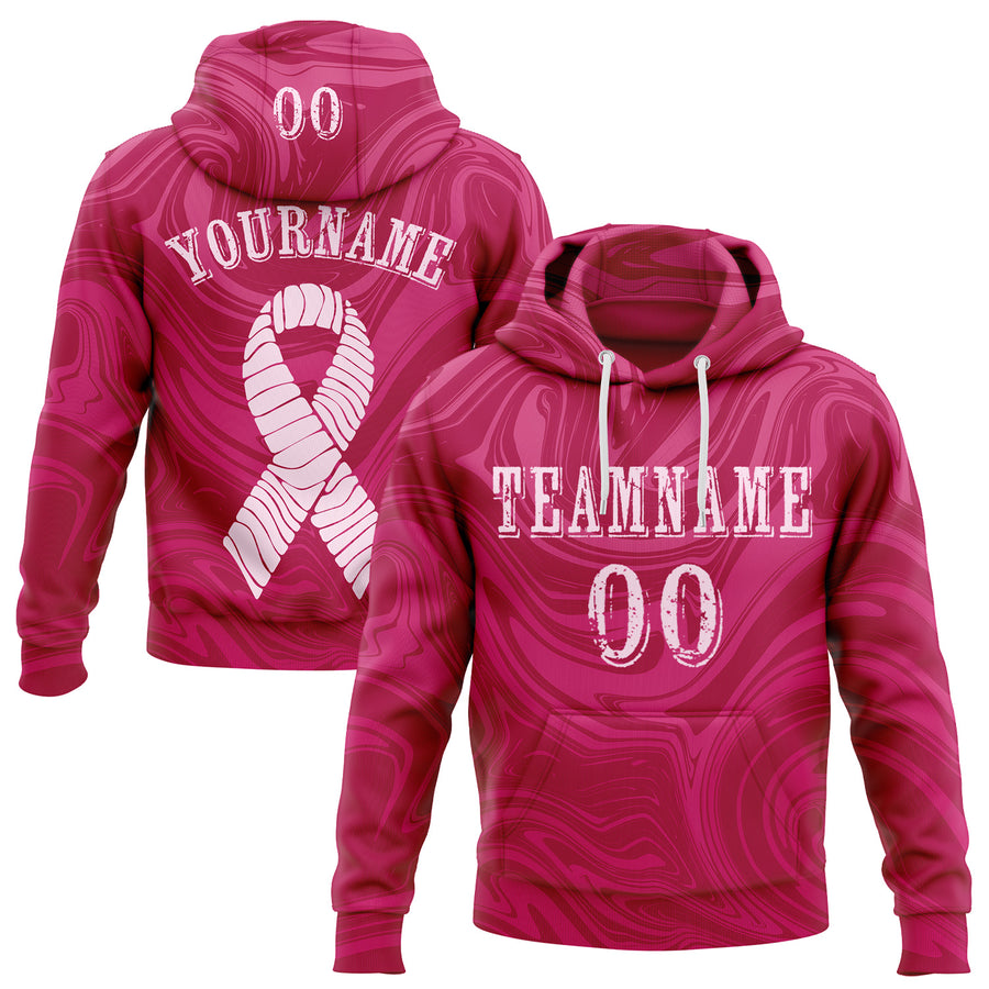 Custom Hot Pink Light Pink 3D Pink Ribbon Breast Cancer Awareness Women Health Care Support Sports Pullover Sweatshirt Hoodie