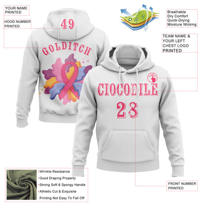 Custom White Neon Pink 3D Pink Ribbon Breast Cancer Awareness Women Health Care Support Sports Pullover Sweatshirt Hoodie