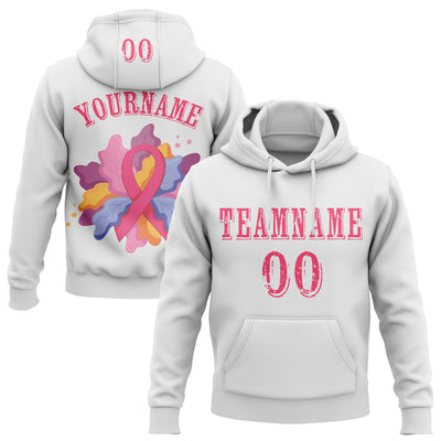 Custom White Neon Pink 3D Pink Ribbon Breast Cancer Awareness Women Health Care Support Sports Pullover Sweatshirt Hoodie