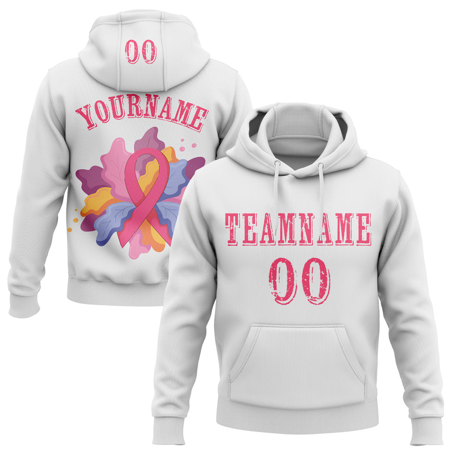 Custom White Neon Pink 3D Pink Ribbon Breast Cancer Awareness Women Health Care Support Sports Pullover Sweatshirt Hoodie