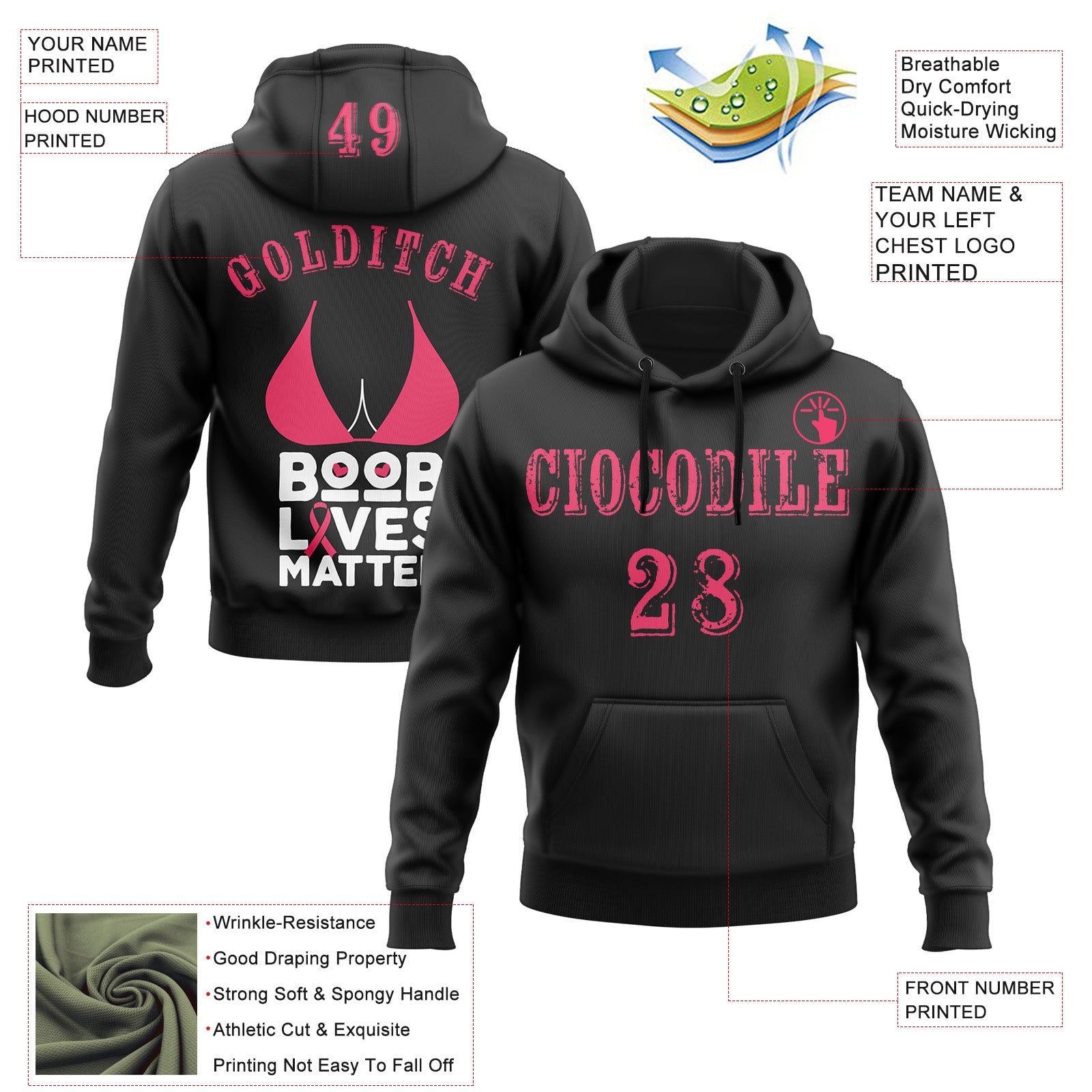 Custom Black Neon Pink-White 3D Pink Ribbon Breast Cancer Awareness Women Health Care Support Sports Pullover Sweatshirt Hoodie