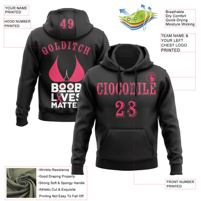 Custom Black Neon Pink-White 3D Pink Ribbon Breast Cancer Awareness Women Health Care Support Sports Pullover Sweatshirt Hoodie