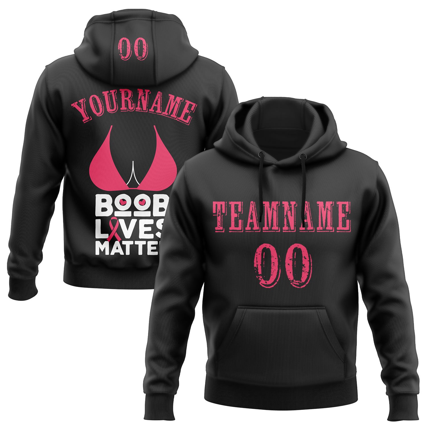Custom Black Neon Pink-White 3D Pink Ribbon Breast Cancer Awareness Women Health Care Support Sports Pullover Sweatshirt Hoodie