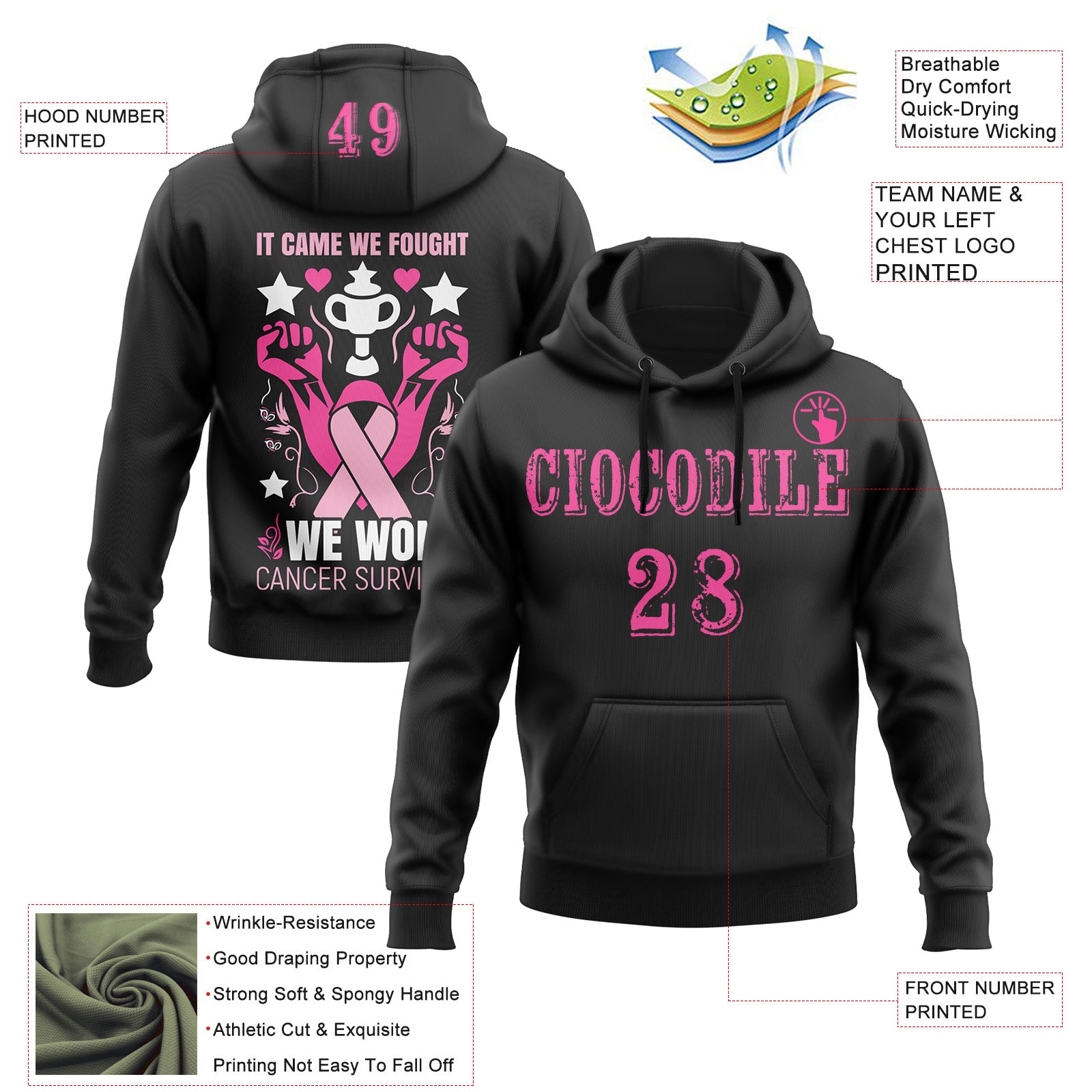 Custom Black Pink-White 3D Pink Ribbon Breast Cancer Awareness Women Health Care Support Sports Pullover Sweatshirt Hoodie