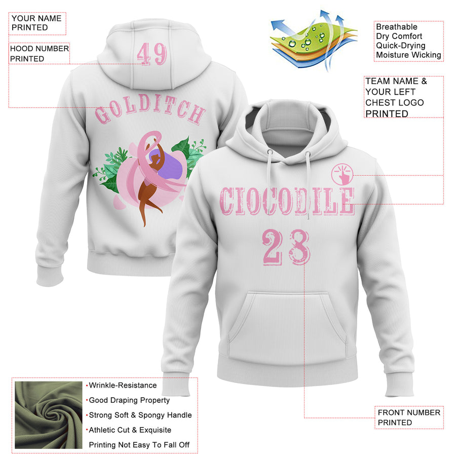 Custom White Light Pink 3D Pink Ribbon Breast Cancer Awareness Women Health Care Support Sports Pullover Sweatshirt Hoodie