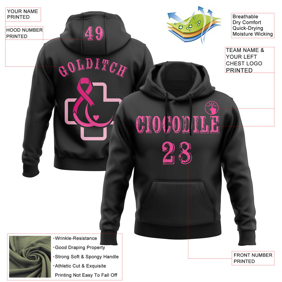 Custom Black Pink 3D Pink Ribbon Breast Cancer Awareness Women Health Care Support Sports Pullover Sweatshirt Hoodie