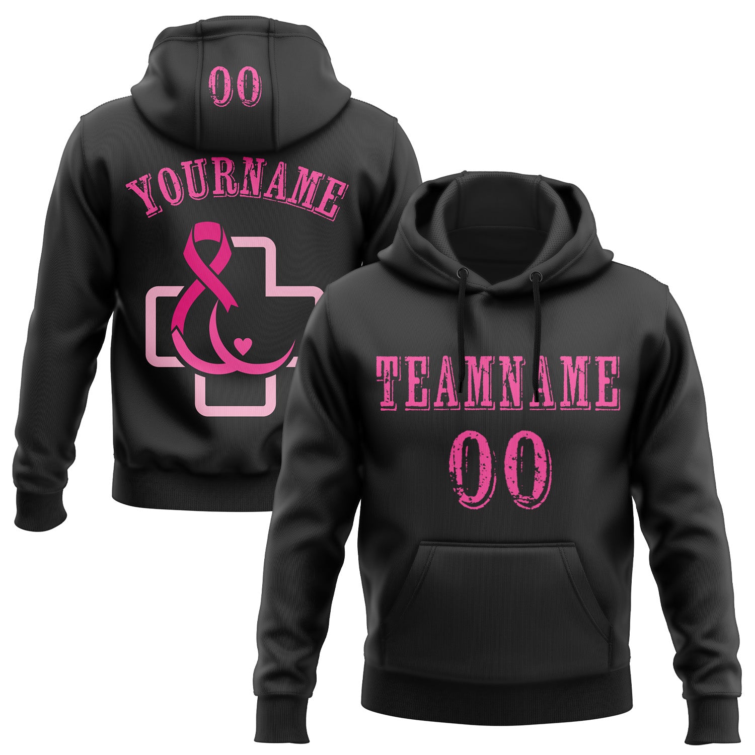 Custom Black Pink 3D Pink Ribbon Breast Cancer Awareness Women Health Care Support Sports Pullover Sweatshirt Hoodie