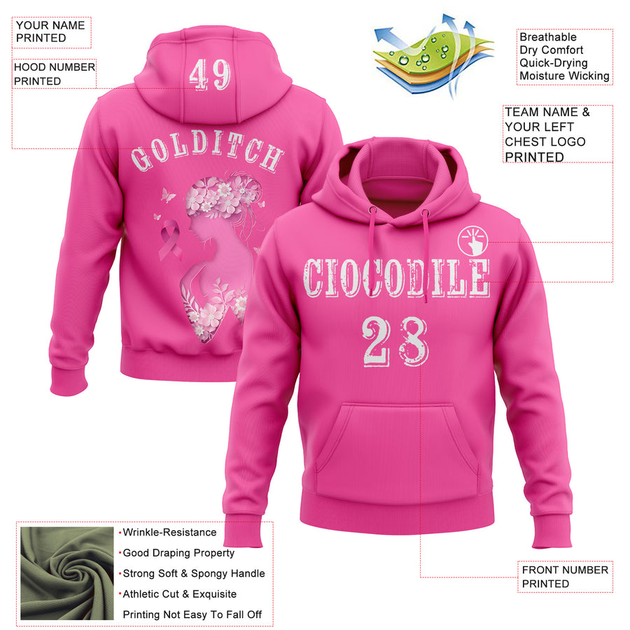 Custom Pink White 3D Pink Ribbon Breast Cancer Awareness Women Health Care Support Sports Pullover Sweatshirt Hoodie