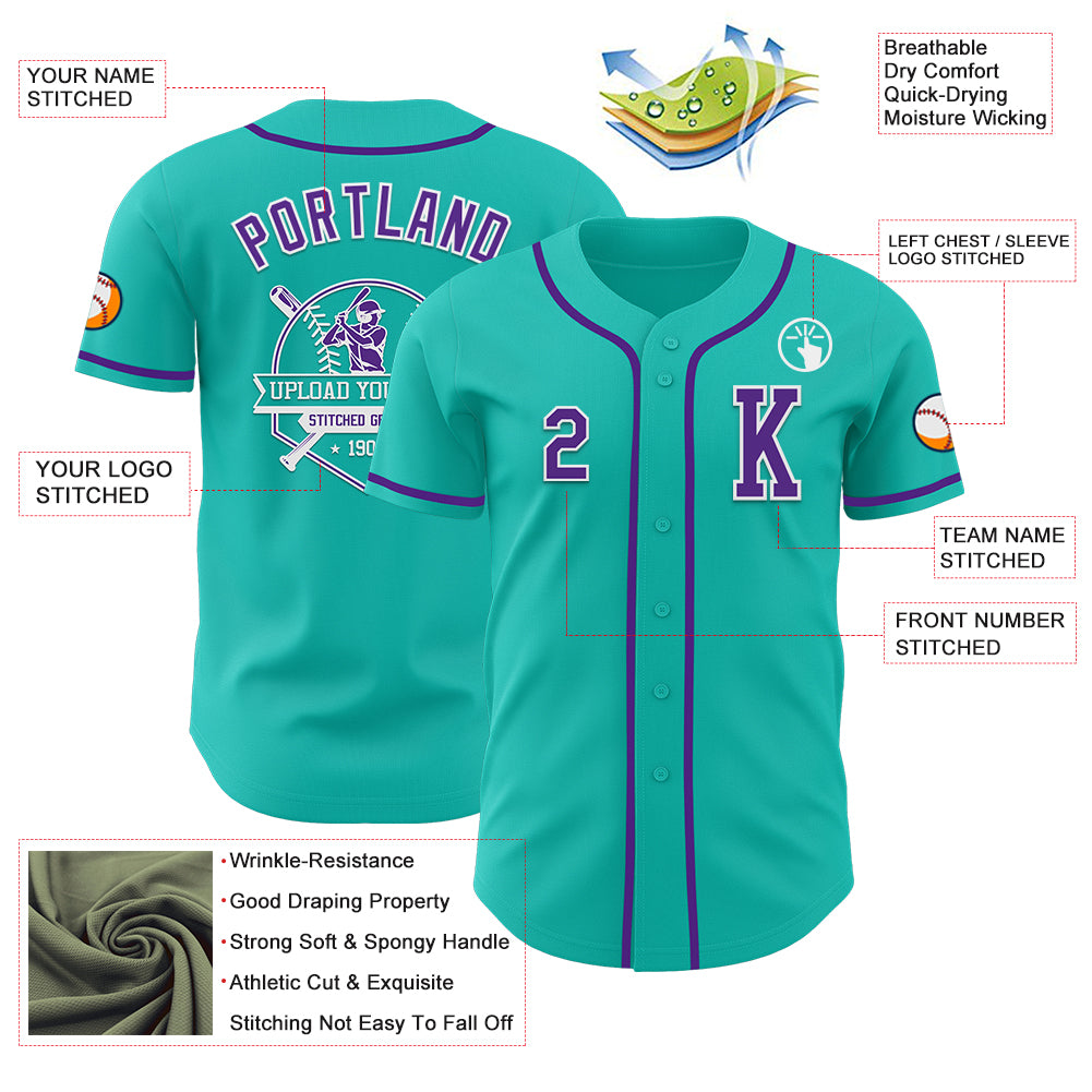 Custom Aqua Purple-White Authentic Baseball Jersey