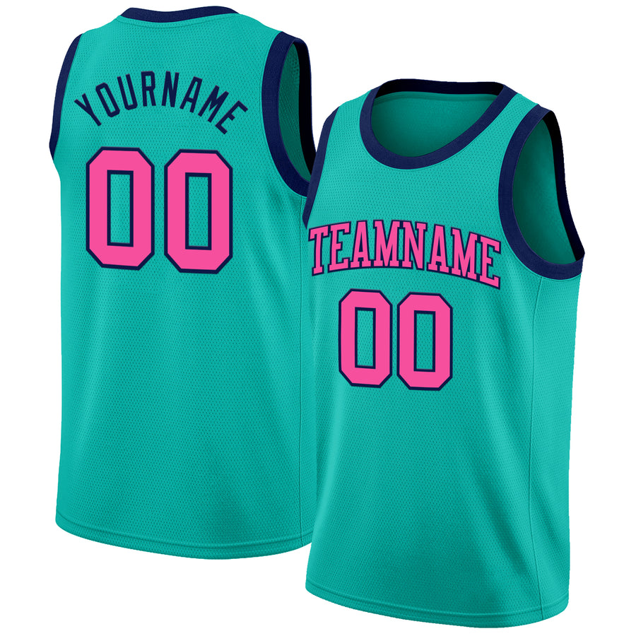 Custom Aqua Pink-Navy Authentic Basketball Jersey