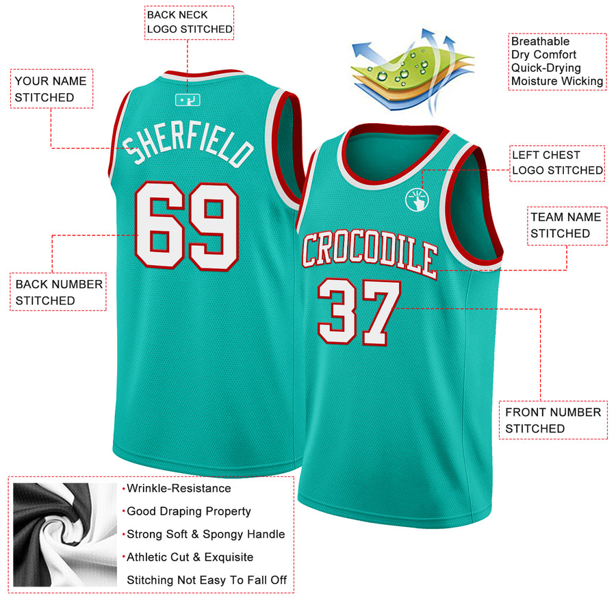 Custom Aqua White-Red Authentic Basketball Jersey