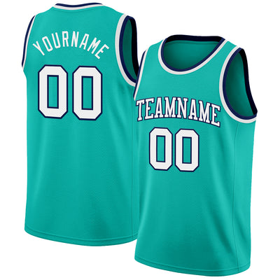 Custom Aqua White-Navy Authentic Basketball Jersey