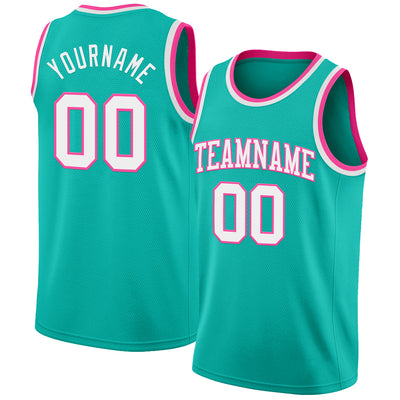 Custom Aqua White-Pink Authentic Basketball Jersey