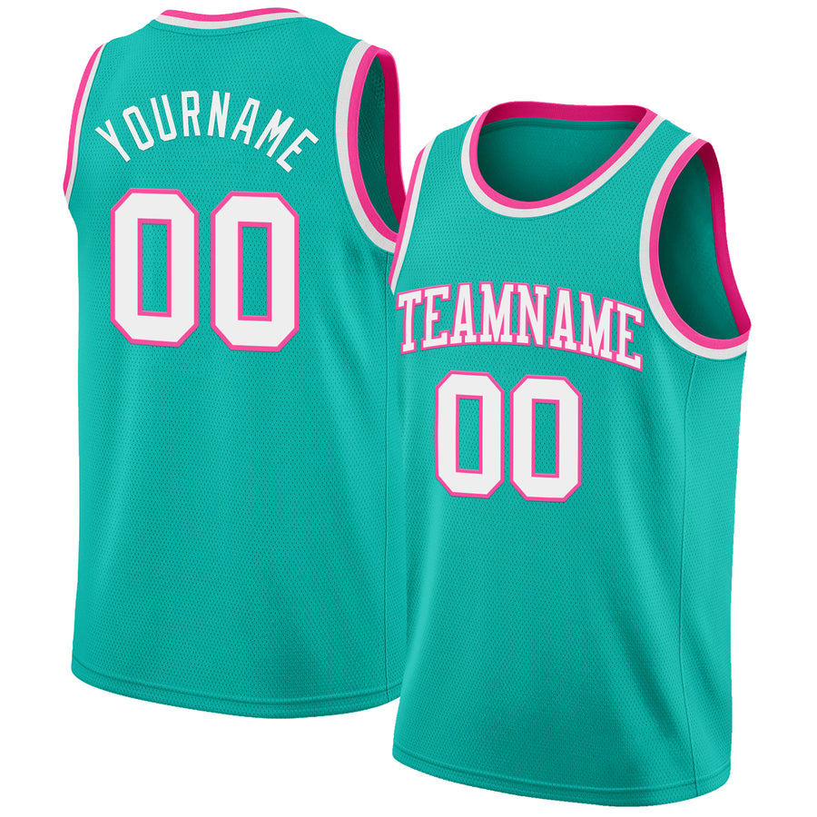 Custom Aqua White-Pink Authentic Basketball Jersey