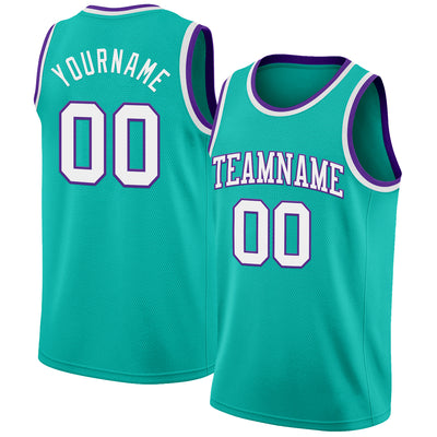 Custom Aqua White-Purple Authentic Basketball Jersey