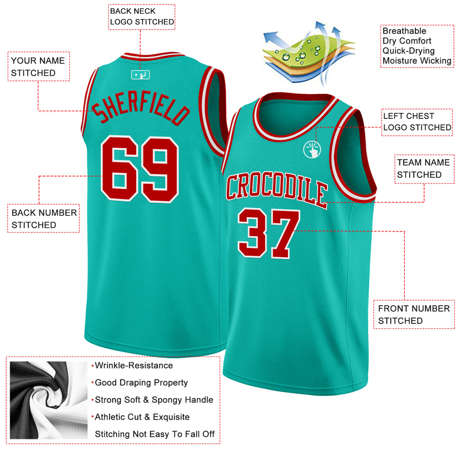 Custom Aqua Red-White Authentic Basketball Jersey