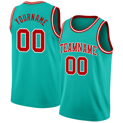 Custom Aqua Red-White Authentic Basketball Jersey
