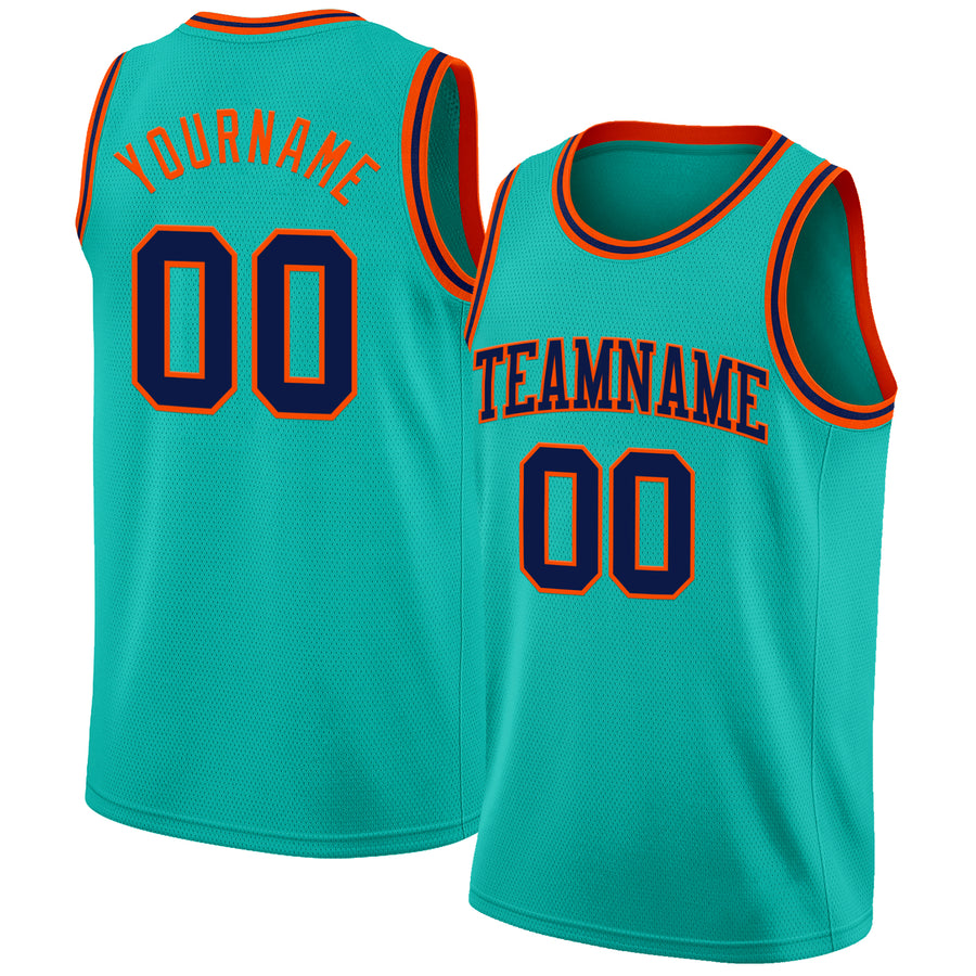 Custom Aqua Navy-Orange Authentic Basketball Jersey
