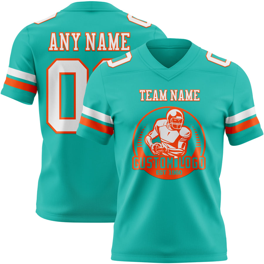 Custom Aqua White-Orange Authentic Football Jersey