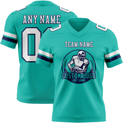 Custom Aqua White-Navy Authentic Football Jersey